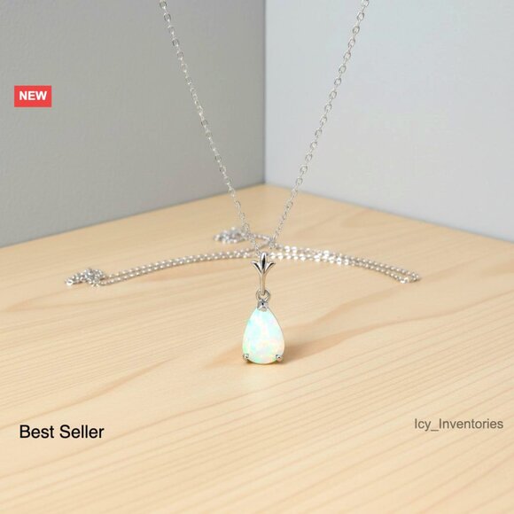 Pear-Shaped Opal Pendant Necklace Elegant Minimal Chic 24 Inch Rope Chain